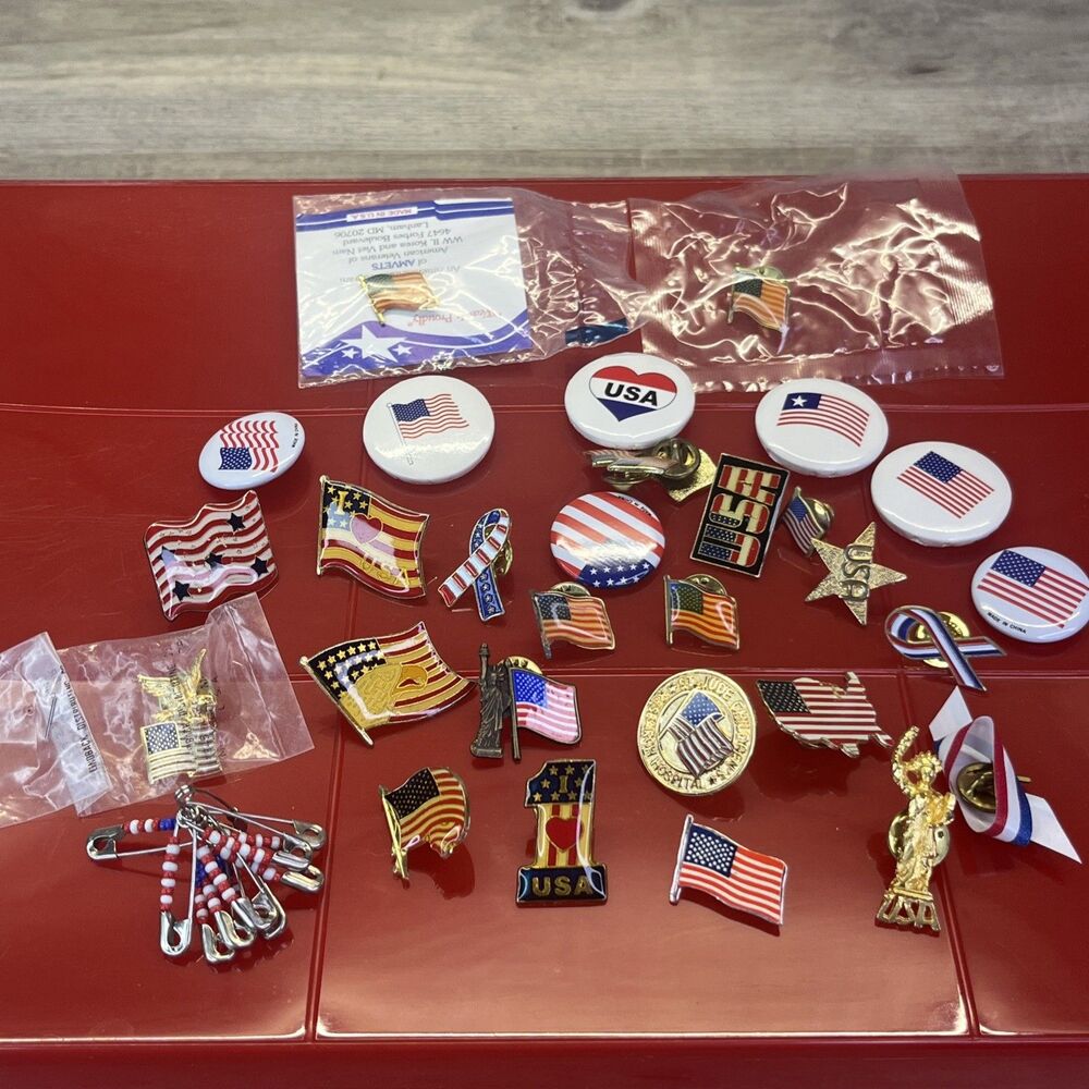 American Flag USA Lapel Hat Pin Vintage Patriotic Red White Blue Bundle lot 31 - Picture 1 of 14